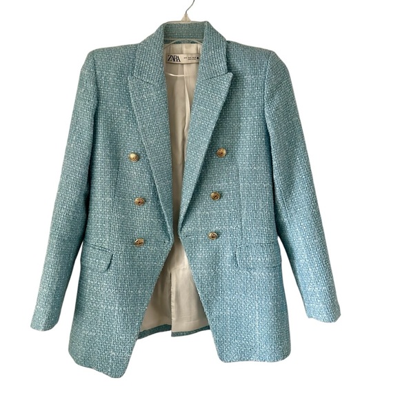 ZARA Powder Blue Tweed Blazer Button Textured Size S - Picture 3 of 9